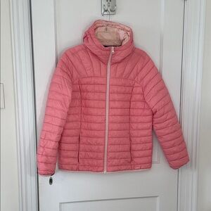 New! Lands' End Pink Women's full zip Puffer Jacket with attached hood, size PM